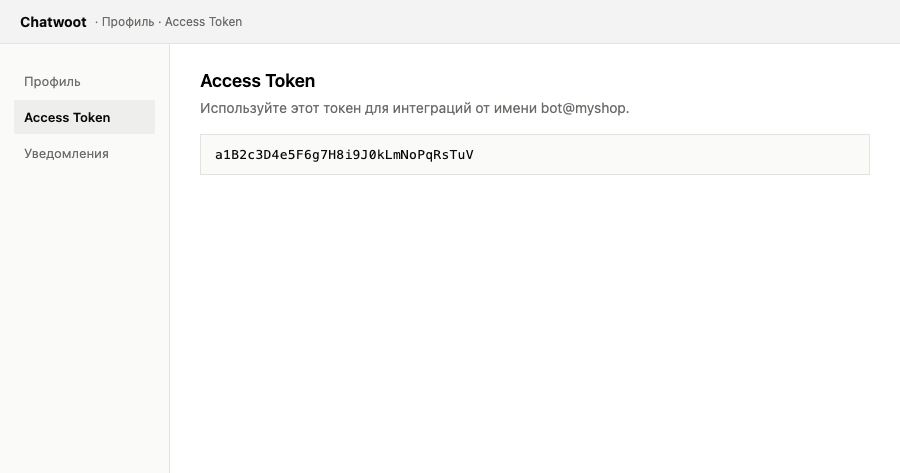 Настройки профиля в Chatwoot с полем Access Token